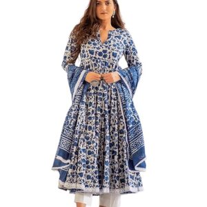 meera fab women's cotton printed anarkali kurta with palazzo & dupatta set