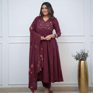 the ramans women's cotton embroidered long anarkali kurti with pant and dupatta set