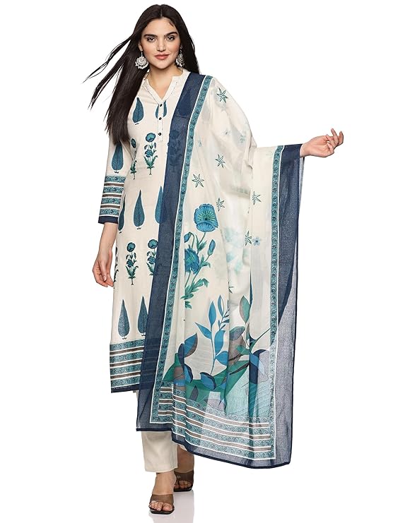RAJMANDIRFABRICS Women’s Cotton Hand Block Printed with Thread Work Straight Kurta Pant with Dupatta Set